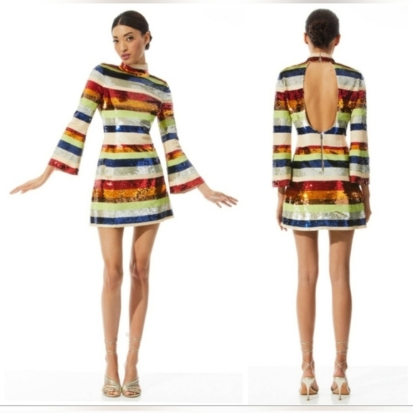 Alice + Olivia Mailynn Sequin Striped Multicolored Mini Dress SIZE 12 NWT $985 - Picture 2 of 15